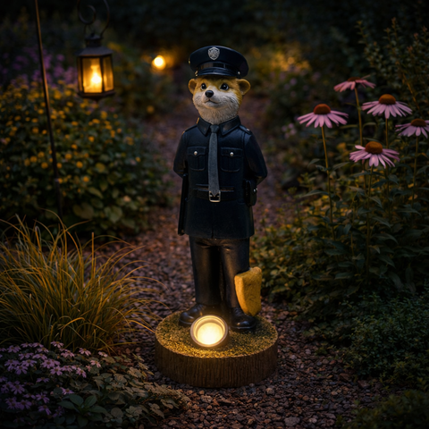 Ein 30 cm solar erdmännchen polizist figur mit schwarzem körper und brauner gesichtsfarbe auf warm leuchtendem holzsockel