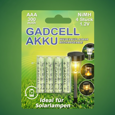 Vier silberfarbene aaa nimh wiederaufladbare batterien 300mah 1 2v in grün-gelber blisterpackung von gadcell