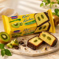 Schokolierter kiwi-kuchen 400 g in gelber verpackung mit schokoladenüberzug und grünen kiwischeiben innen
