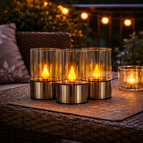 Set aus drei modernen glascandlehaltern mit gebürsteten messingbasen und warmem led-flammeneffekt