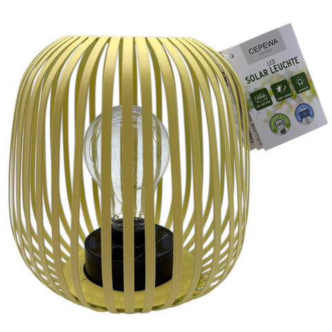 Gelbe solar led metall laterne im bambusstil mit klarer led glühbirne und schwarzem fuß 15x17cm pastell