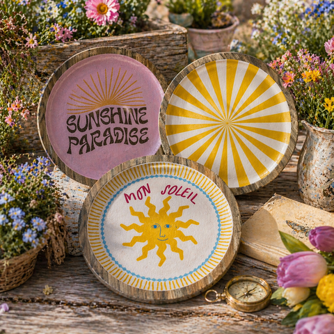 Drei dekorative holzplatten 14,5 cm mit sonnenschein-motiven und rustikalen, verwitterten kanten