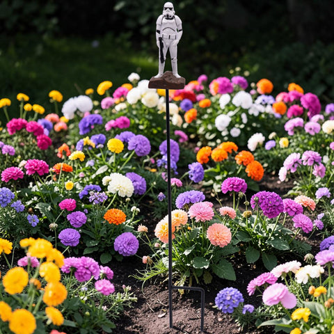 Weißer plastik stormtrooper gartenstecker mit schwarzer metallbasis für außenbereich gartenstecker stormtrooper