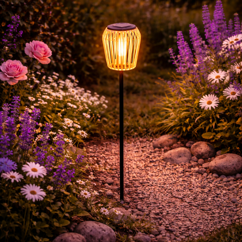 Goldene solar-gartenleuchte mit flacker-effekt warmweiß, schwarzem pfahl und gestreiften, transluzenten glasanteilen