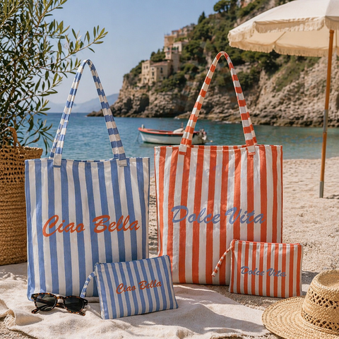 Blaue und weiße gestreifte tasche aus polyester-baumwolle mit orangefarbener stickerei ciao bella