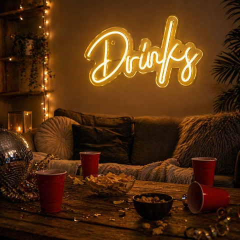 Goldenes led-schild neon mit dem wort drinks in kursiver schrift für glas- und partydekoration