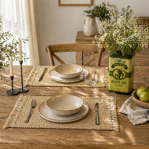 Vintage grün gelbe ölkanne als vase mit weißem schleierkraut auf einem tischset mit fransen
