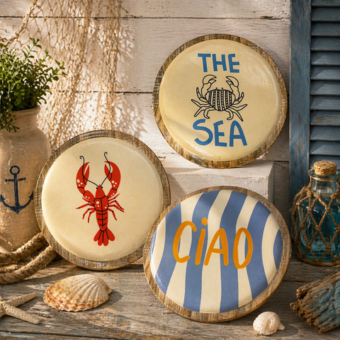 Drei runde rustikale holzplatten dekorative platte 19,5 cm mit maritimen motiven lobster krabbe und ciao texte