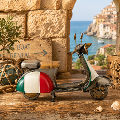 Italienfarbener vintage-roller modell scooter italia mit metallischer oberfläche und detailreicher handwerkskunst