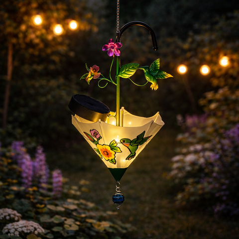 Solar-hängeleuchte schirm mit kolibri in form eines offenen schirms mit bemalten kolibris und blumen, schwarzem griff und blauem glasperle