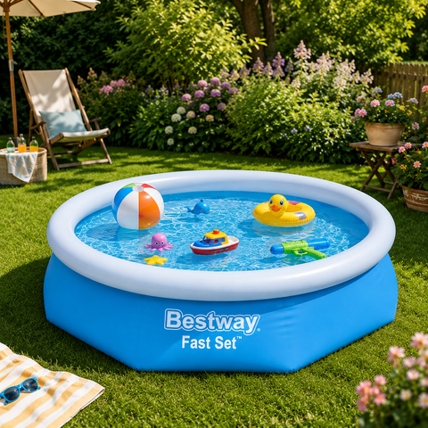 Blauer bestway fast set aufstellpool mit weißem rand rund 244 x 61 cm für kinder aus robustem material