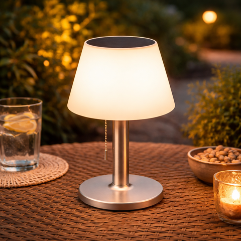 Solar-tischlampe mit dimmer und brushed metallic basis mit weißem konischem schirm für den außenbereich