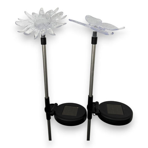 Klare glas solar gartenlichter blume und schmetterling mit schwarz basis und farbwechsel im erdspieß design