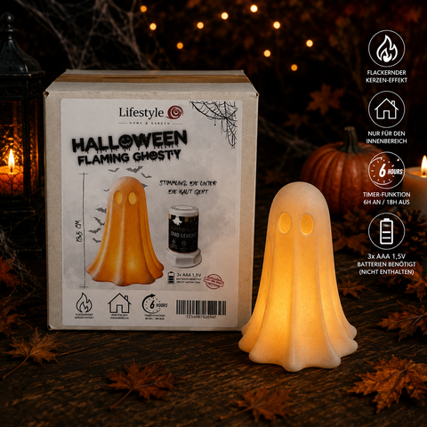 Ein leuchtend orangefarbener halloween kerze flaming ghosty mit flackernder flamme und timerfunktion