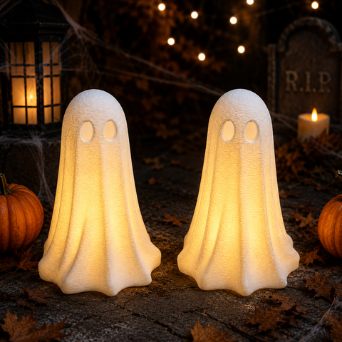 Zwei leuchtende weiße flaming ghosty led-lampen in gespenstform mit strukturierten stoffähnlichen oberflächen und ovale augenausschnitte