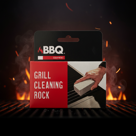 Grill Reinigungsstein mit roter und schwarzer Verpackung und grauem, strukturiertem Reinigungsstein für Grillpflege