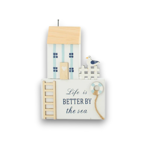 Holz figur haus beach 11x2x17cm meehaus ornament weiß blau gestreift mit naturholz dach seestern leiter und rettungsring
