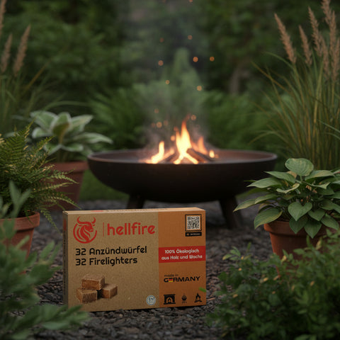 A box of hellfire öko anzündwürfel 32 eco friendly wooden wax firelighters in tan cardboard packaging made in germany
