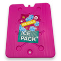 Großes kühlelement 32x25cm bright pink rechteckiges kühlpad mit blauem ice cold aufkleber und eissymbolen