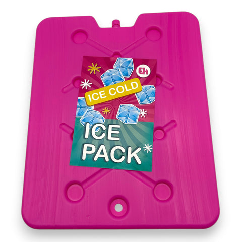 Großes kühlelement 32x25cm bright pink rechteckiges kühlpad mit blauem ice cold aufkleber und eissymbolen