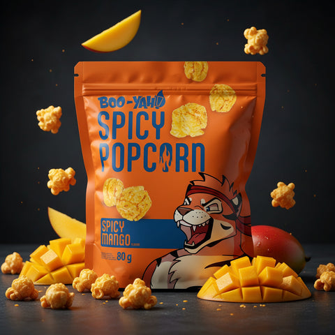 Orange tasche von boo-yah spicy mango popcorn mit cartoon tiger maskottchen und verstreuten mangostücken 80 g