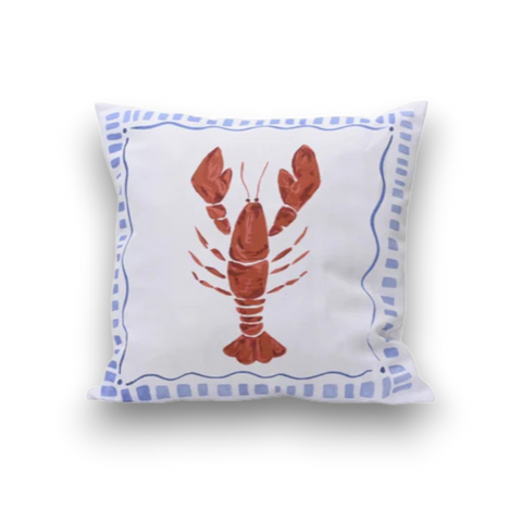 Weißes outdoor kissen 45x45 cm mit zentralem rotschimmerndem hummermotiv und blau gepunktetem rahmen