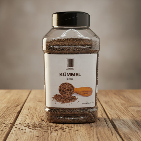 Ein klarer plastikbehälter mit schwarzem deckel gefüllt mit braunen ganzen kümmelsamen von eco food 400g