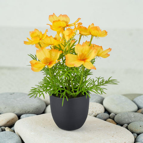 Cosmea gelb künstliche blumen in lebendigem gelb und orange mit grünem blattwerk im schwarzen keramiktopf