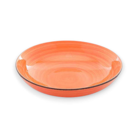 Vibrante orangefarbene keramikschale 23x6cm mit feinen konzentrischen rillen und dunklem rand