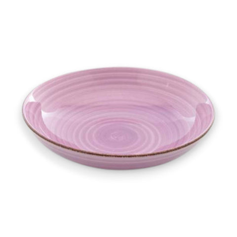 Eine zarte lavendelfarbene keramikschale schale 23x6cm mit konzentrischen rillen und braunem rand