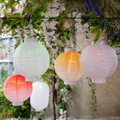 Bunte runde lumineo solar laterne 20cm mit gerippter papieroberfläche und weißen kunststofffüßen hängt an draht