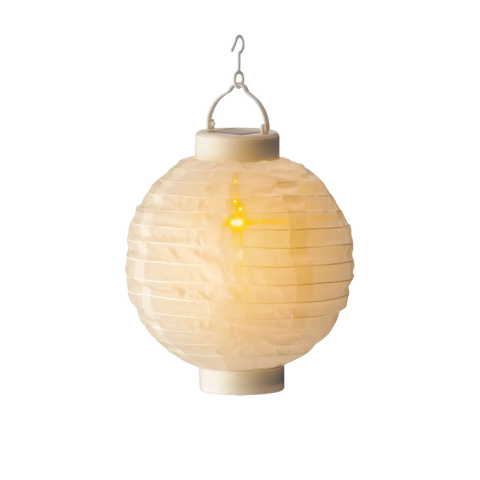 Eine cremefarbene papirlaterne mit solarbeleuchtung und metallhaken lumeneo solar laterne 20cm