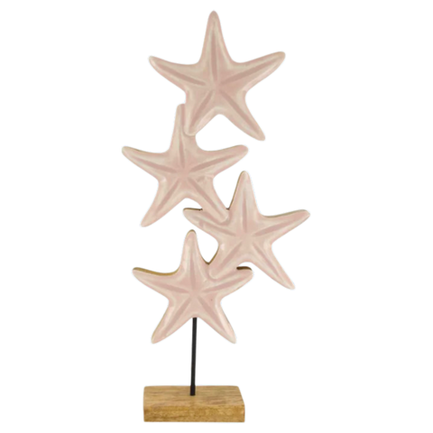 Beige keramiksstern skulptur mit vier überlappenden sternen aus mangoholz auf holzsockel maritime holzfigur