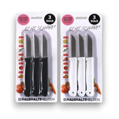 Set of three black and white stainless steel kitchen knives in clear plastic packaging branded haushaltshelden