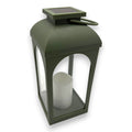 Olivegrüne solar laterne mit klaren glasplatten und weißer led kerze innen 11x27cm