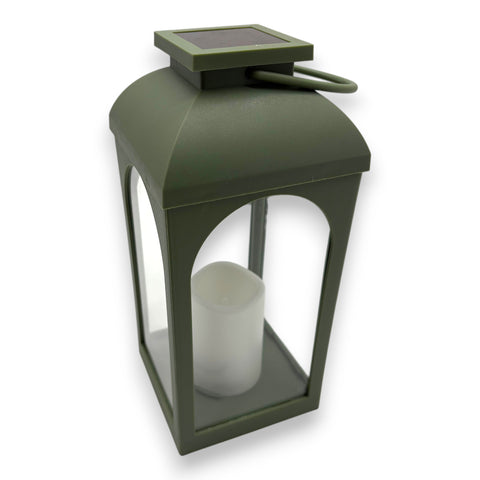 Olivegrüne solar laterne mit klaren glasplatten und weißer led kerze innen 11x27cm