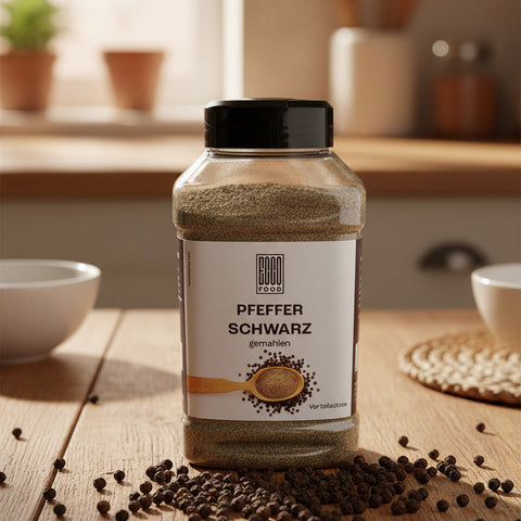 Ein klarer plastikbehälter mit schwarzem deckel enthält gemahlenen schwarzen pfeffer labeled pfeffer schwarz von good food