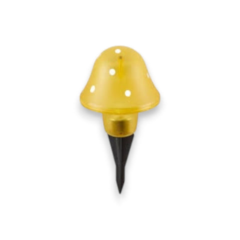 Gelbe pilz solar-lampe mit weißen punkten und schwarzem spieß aus kunststoff für den garten