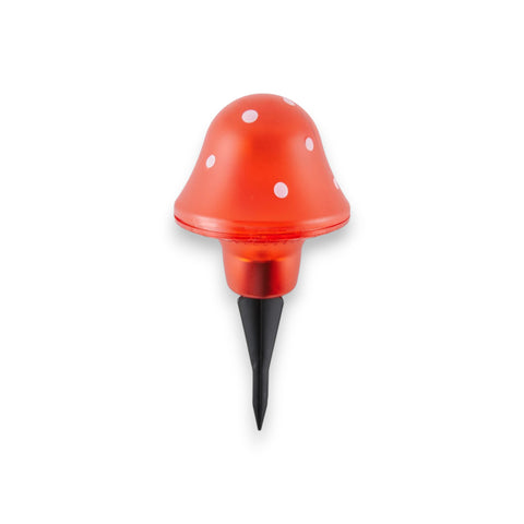 Rote pilz solar lampe mit weißen punkten und schwarzem spike für gartenlicht 10x10x23cm