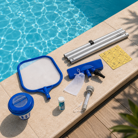Blaues plastik poolskimmernetz mit weißem mesh-sieb im flowclear™ poolpflege komplett-set