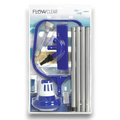 Flowclear™ poolpflege komplett-set mit blau-weißem klarwasser-reinigungsset bestehend aus teleskopstange, bürste, kescher und chemikalienspender
