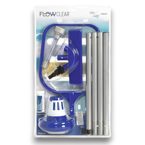 Flowclear™ poolpflege komplett-set mit blau-weißem klarwasser-reinigungsset bestehend aus teleskopstange, bürste, kescher und chemikalienspender
