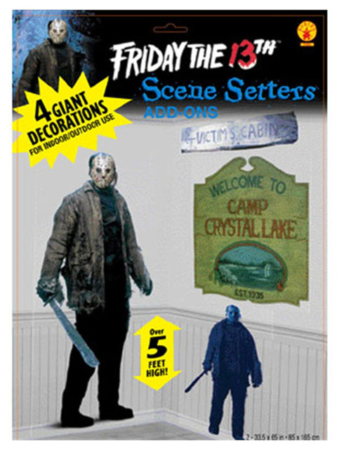 Freitag der 13 dekofolie mit lebensgroßer jason voorhees figur in eisernen hockeymaske und zerrissener jacke