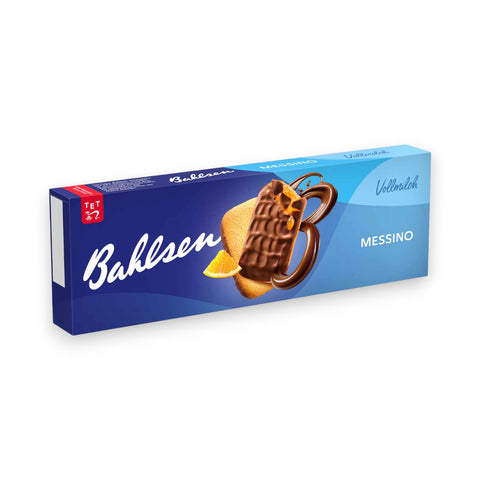 Bahlsen messino 125g schokoladenüberzogene keksriegel in blau-weiß verpackung mit orangenscheibengarnitur