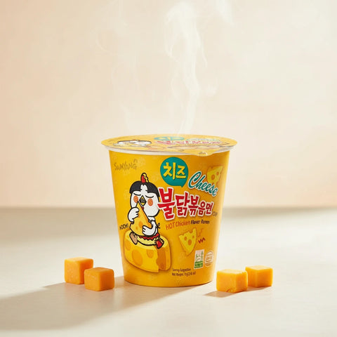 Gelber plastikbecher mit samyang buldak hot chicken cheese ramen geschmack und dampf steigt oben auf