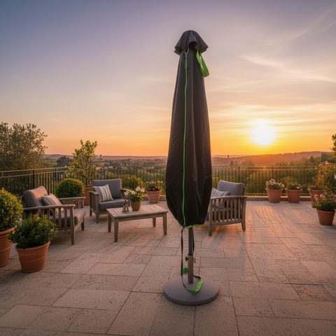 Schwarze sonnenschirmhülle 175cm mit grünem reißverschluss und rand stehend auf terrasse bei sonnenuntergang