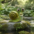 Ein fröhlicher grün glasierten keramik schneckenfiguren mit großen cartoon augen auf moosigem stein