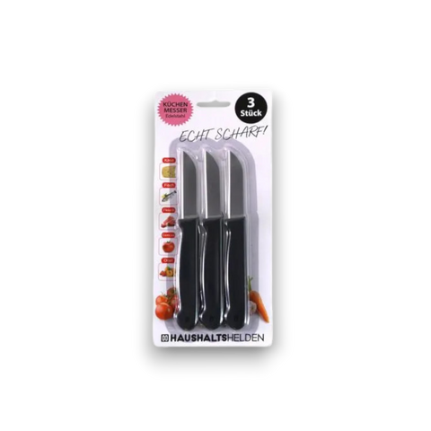 Set aus drei schwarzen küchenmessern mit edelstahlklingen im blisterpack für vielseitigen kücheneinsatz
