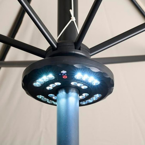 Schwarze led sonnenschirm beleuchtung mit mehreren weißen birnen in ringanordnung und akku, 20 cm durchmesser