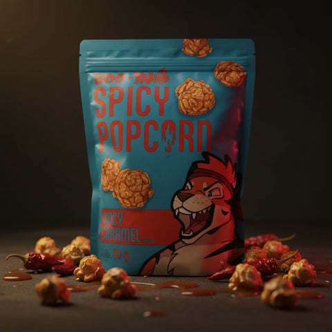Ein lebhaft blau-roter wiederverschließbarer boo-yang beutel mit würzigem popcorn und einem tiger-maskottchen